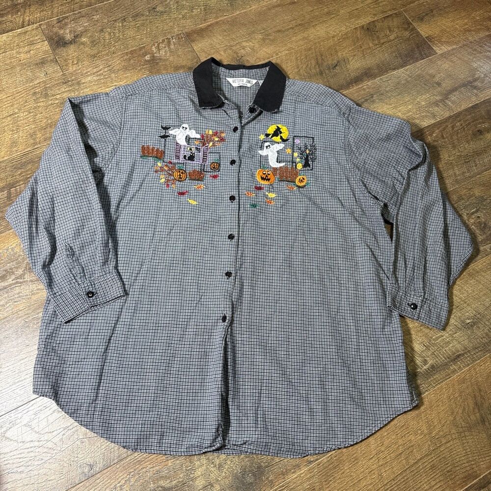 VTG 90s Victoria Jones Halloween Embroidered Shirt Plus 24W 3X Ghost Cat Pumpkin